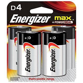 Energizer E95BP-4 Alkaline Battery, D Battery, Zinc, Manganese Dioxide, 1.5 V Battery
